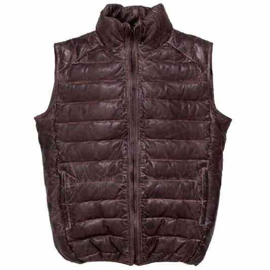 Dark Brown Leather Down Vest For Men Dark Brown Leather Down Vest For Men