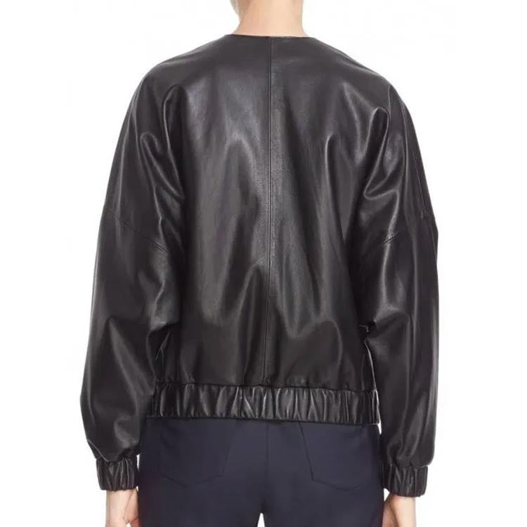 Elegant Black Leather Bomber Jacket for Women