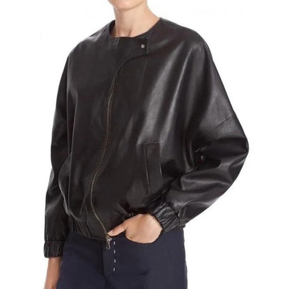 Elegant Black Leather Bomber Jacket for Women