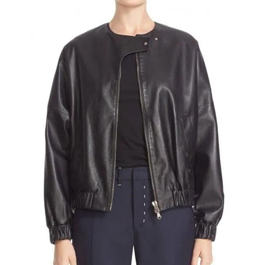 Elegant Black Leather Bomber Jacket for Women Elegant Black Leather Bomber Jacket for Women