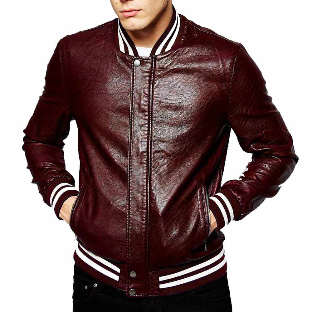 Genuine Lambskin Leather Letterman Slim Fit Varsity Jacket in Brown