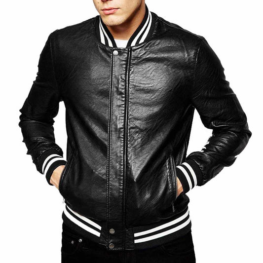 Genuine Lambskin Leather Letterman Slim Fit Varsity Jacket in black