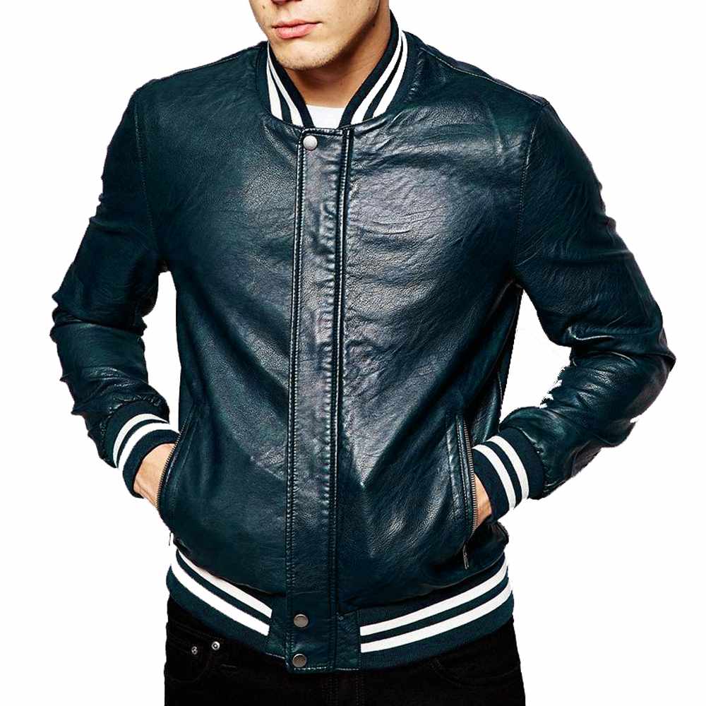 Genuine Lambskin Leather Letterman Slim Fit Varsity Jacket in blue