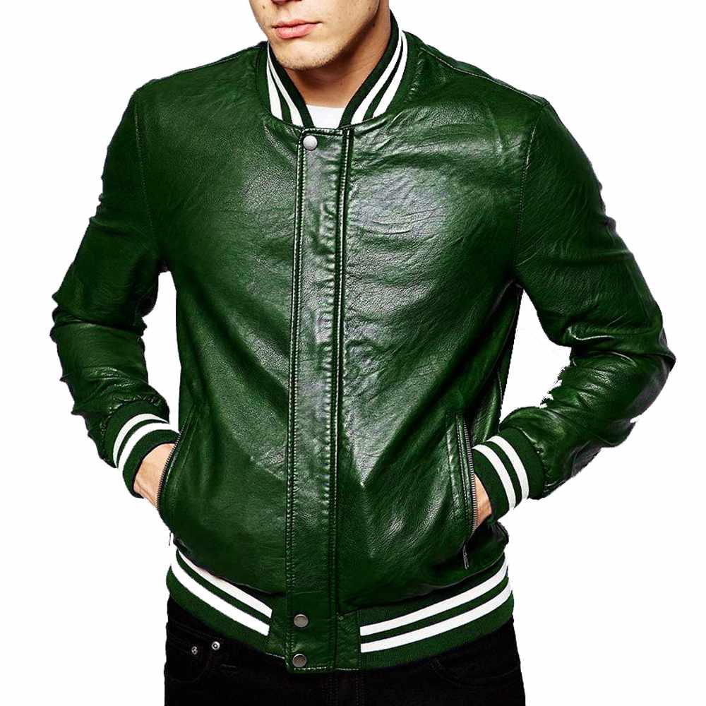 Genuine Lambskin Leather Letterman Slim Fit Varsity Jacket in green