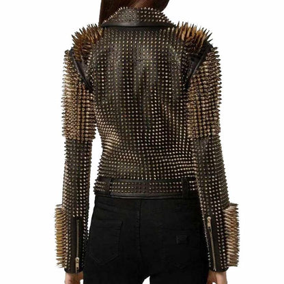 Golden Spiked Leather Jacket For Women