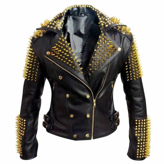 Golden Studded Heavy Metal Spikes Motorcycle Leather Jacket Mens Golden Studded Heavy Metal Spikes Motorcycle Leather Jacket Mens