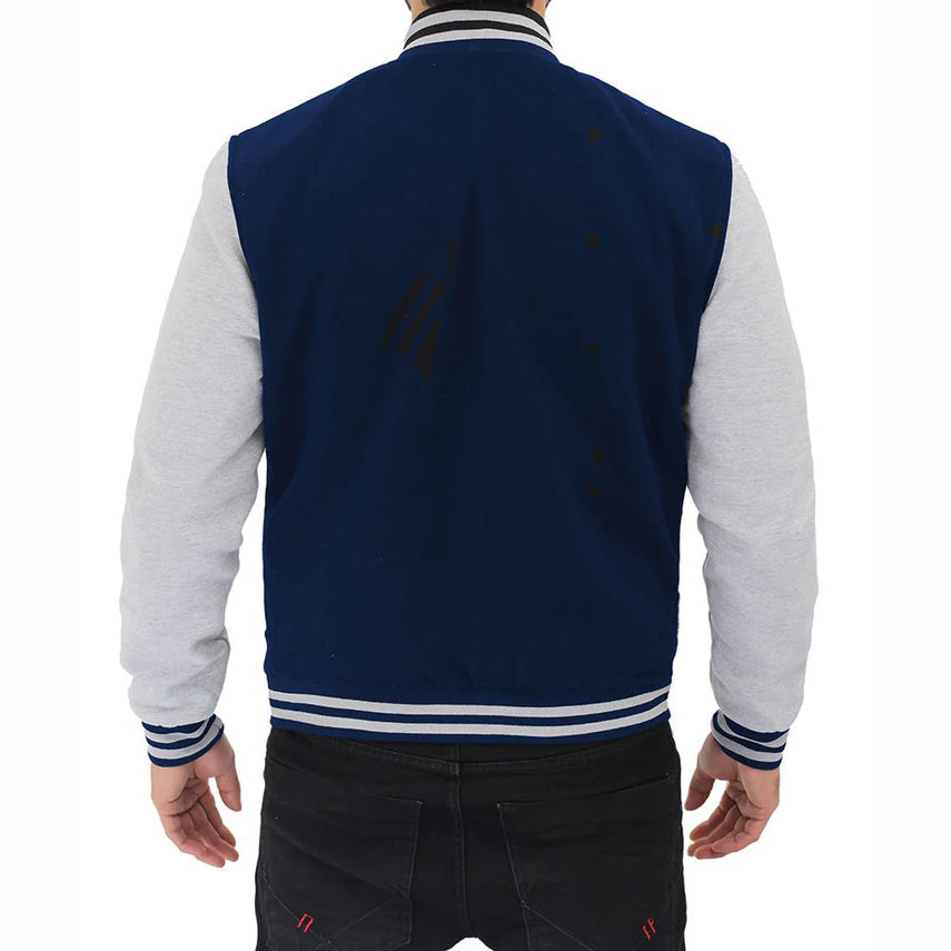 Grey And Blue Baseball-Style Varsity Jacket For Men