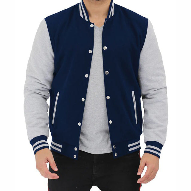 Grey And Blue Baseball-Style Varsity Jacket For Men