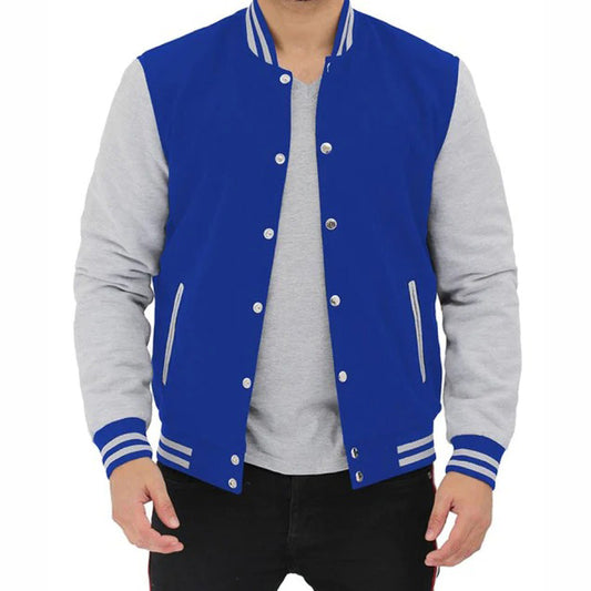 Grey And Royal Blue Baseball-Style Varsity Jacket For Men Grey And Royal Blue Baseball-Style Varsity Jacket For Men