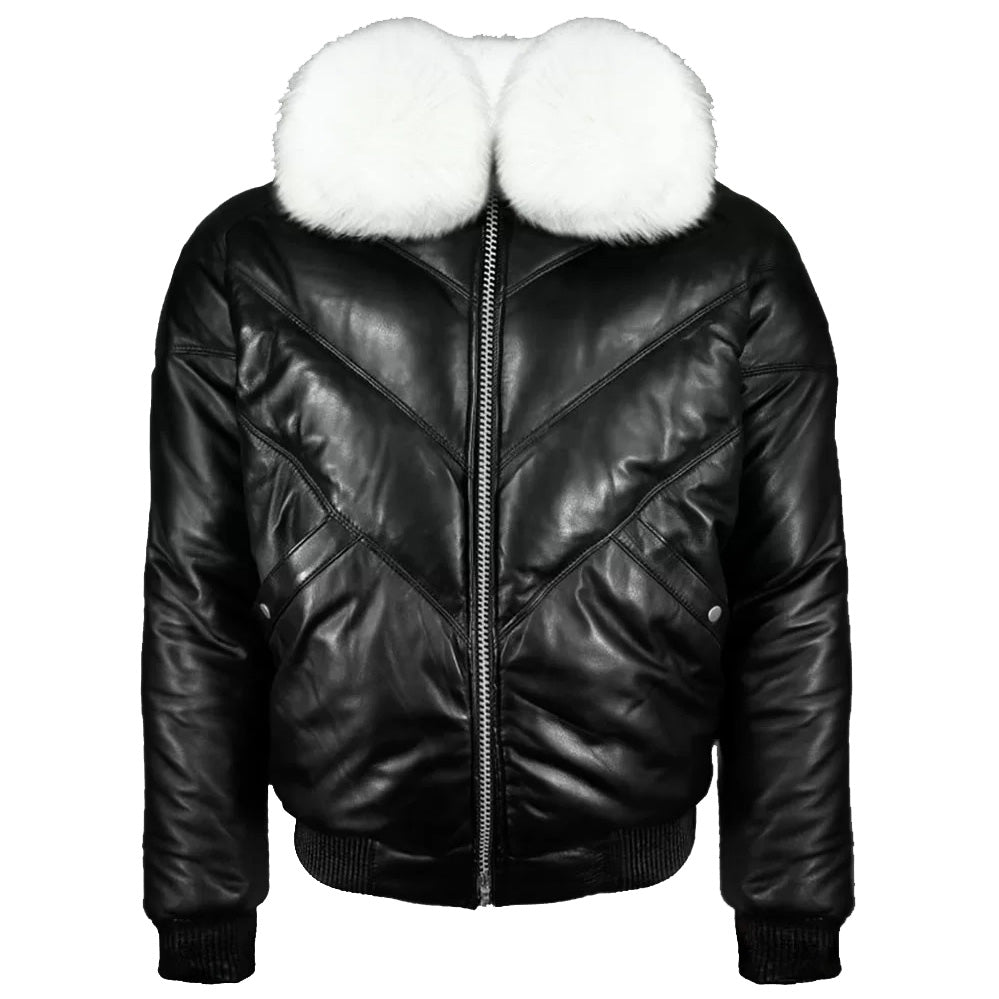 Men's Iconic Black V-Bomber Jacket With Fur Collar