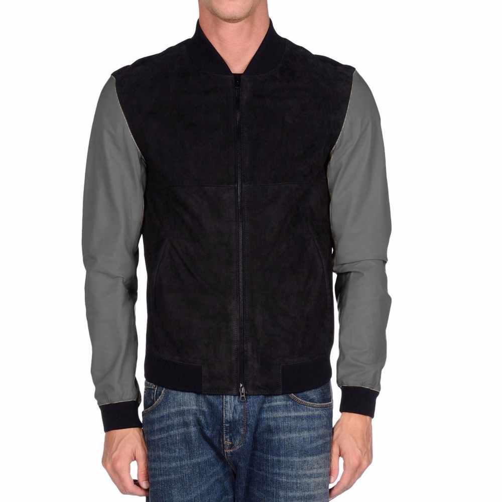 Letterman Varsity Leather Motorcycle Fashion Jacket Mens in black and gray