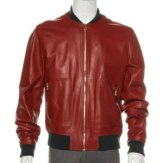 Men Fashion Lambskin Red Leather Bomber Jacket Men Fashion Lambskin Red Leather Bomber Jacket
