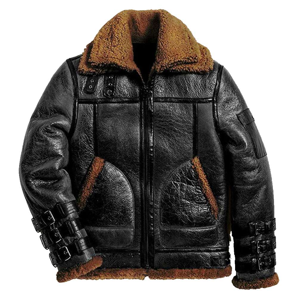 Men Aviator RAF B3 Shearling Bomber Black Leather Pilot Jacket