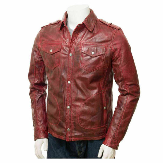 Men Distressed Red Leather Long Sleeve Biker Shirt Men Distressed Red Leather Long Sleeve Biker Shirt