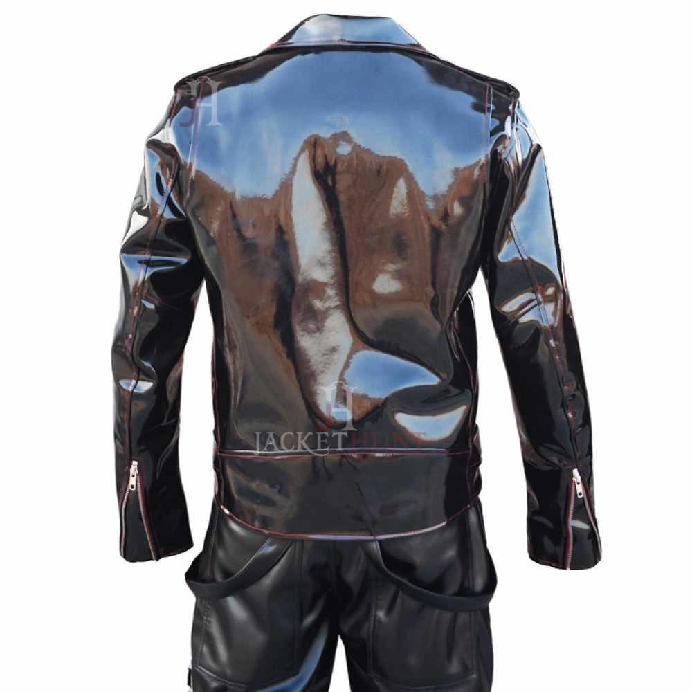 Men’s EMO Gothic PVC Biker Jacket with Red Stitching