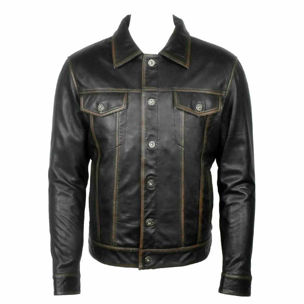 Men Long Sleeve Classic Black Leather Shirt
