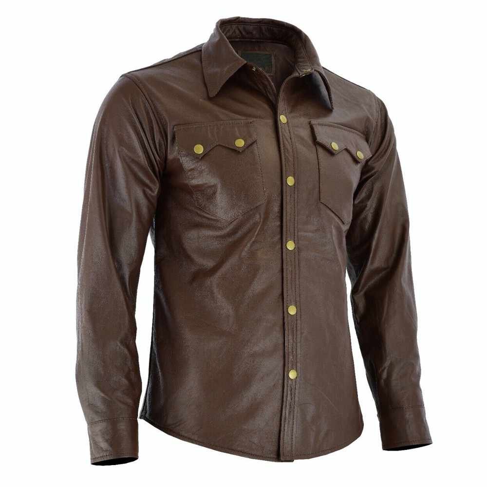 Men Soft Brown Long Sleeve Slim Fit Leather Shirt