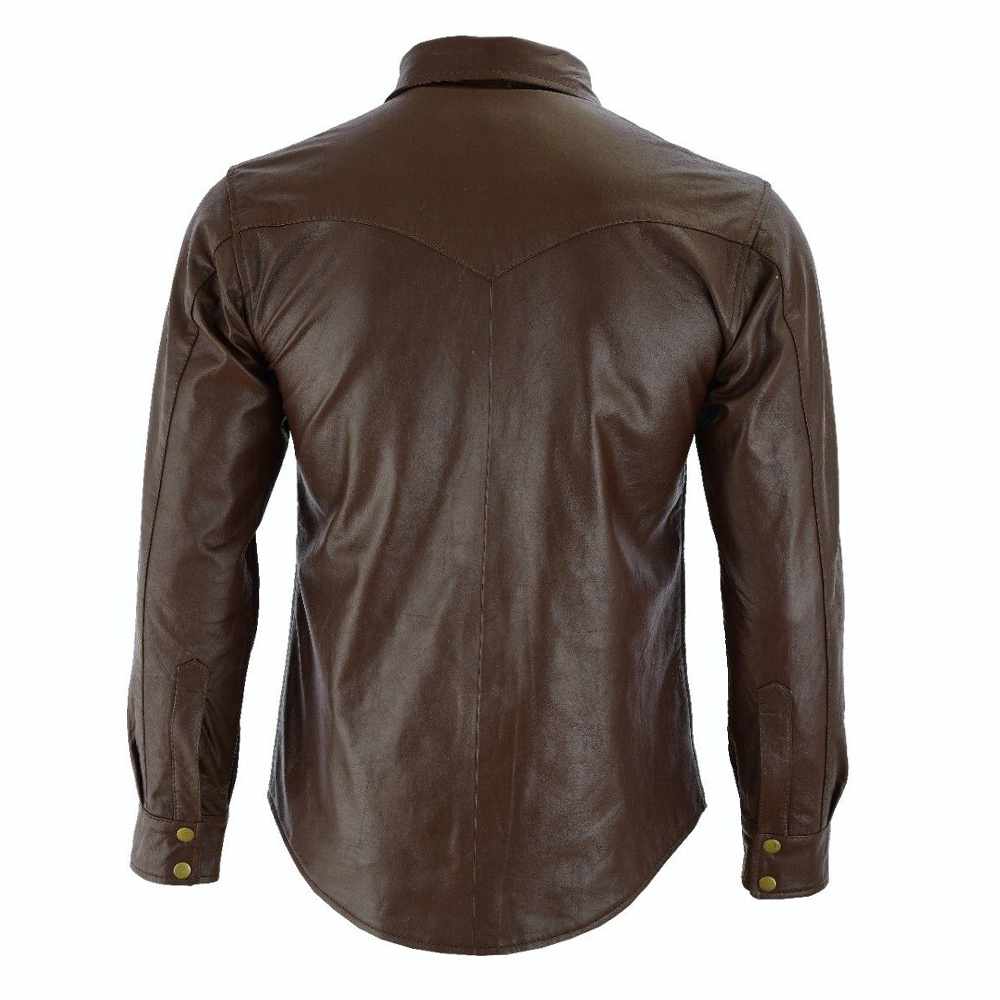 Men Soft Brown Long Sleeve Slim Fit Leather Shirt