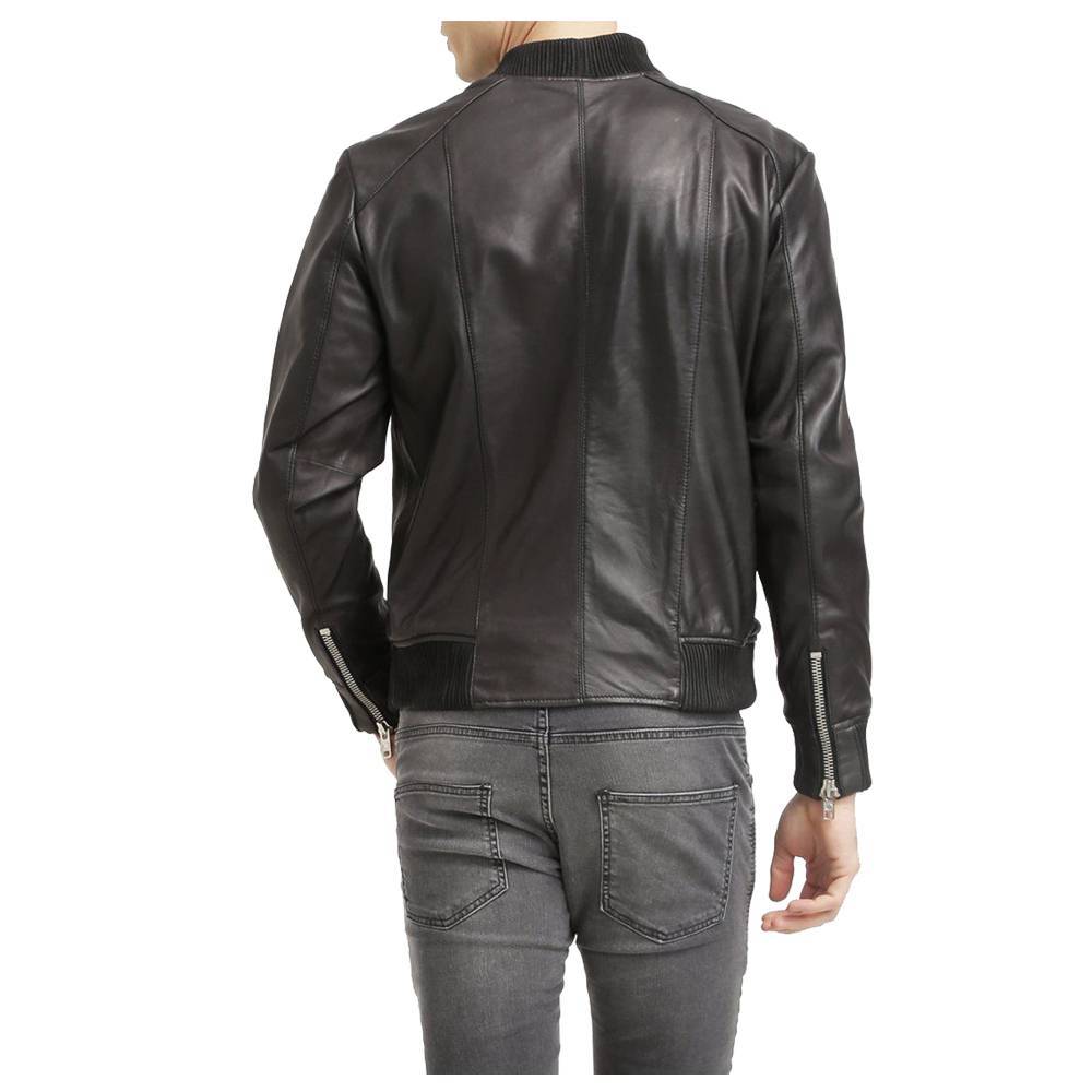 Men Black Bomber Leather Jacket backview