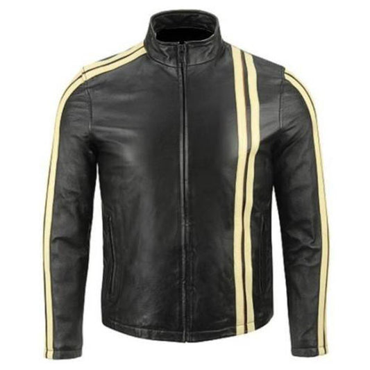 Men Classic Motorcycle Leather Jacket Yellow Stripes Men Classic Motorcycle Leather Jacket Yellow Stripes