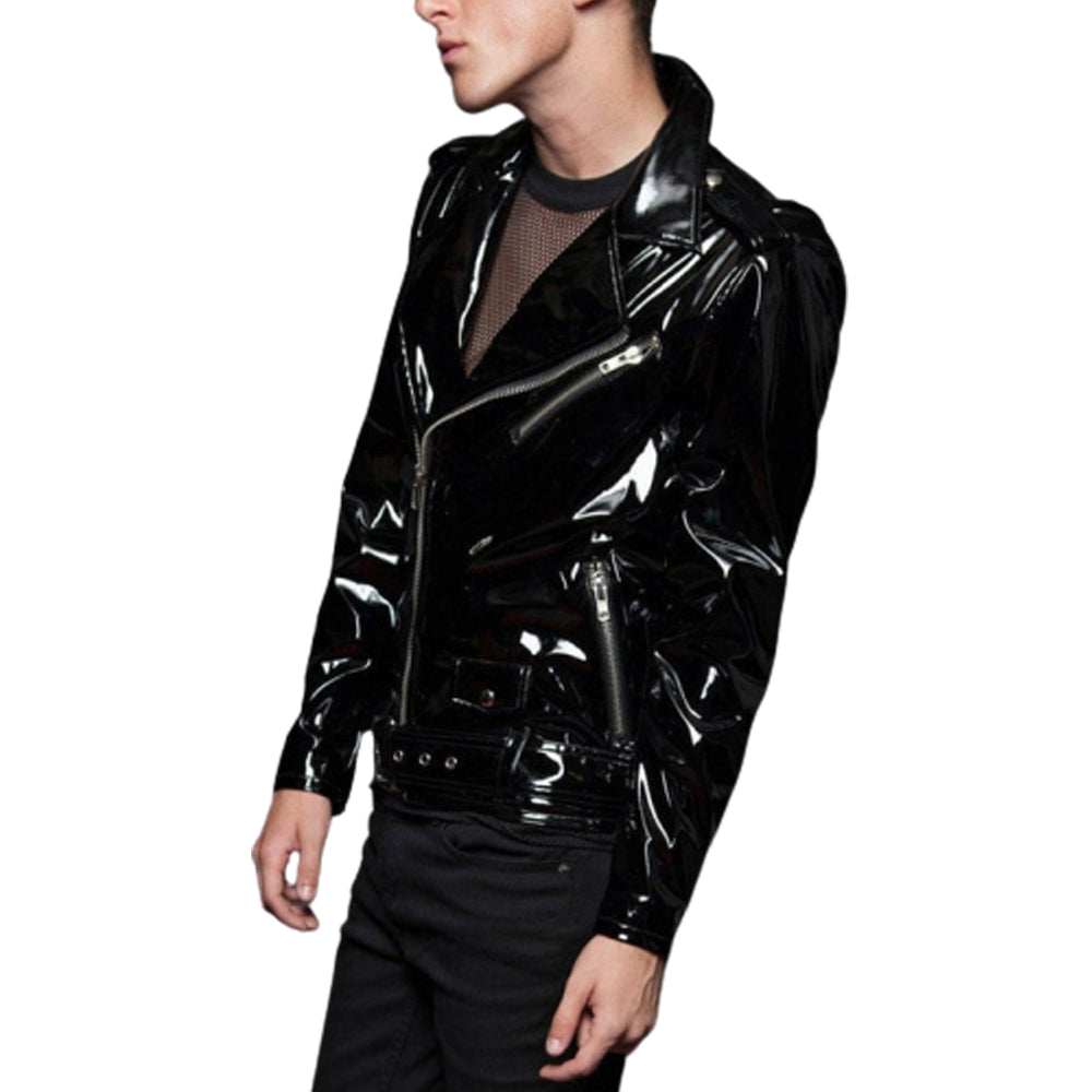 Men Goth Moto Vinyl PVC Jacket Fetish Punk EMO Biker Jacket
