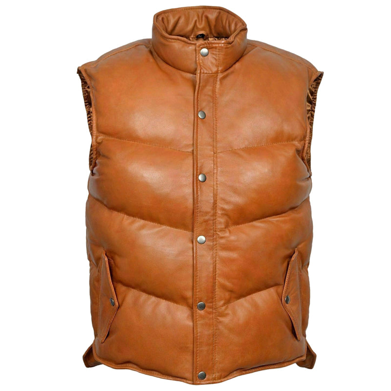 Men Puffer Gilets Body Warmer Brown Leather Vest - Utility Leather Waistcoat For Sale