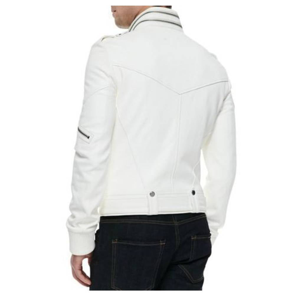 Men Racer Moto Biker White Leather Jacket