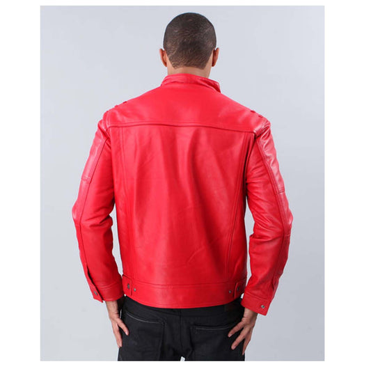 Men Red Fashion Leather Jacket back view