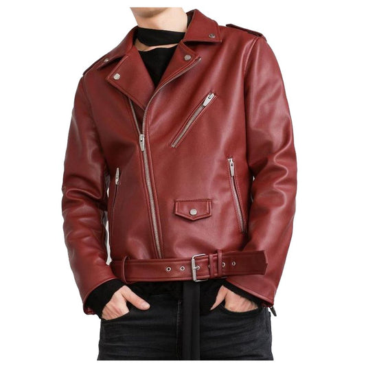 Men Slim Fit Glossy Red USA Biker Leather Jacket Men Slim Fit Glossy Red USA Biker Leather Jacket