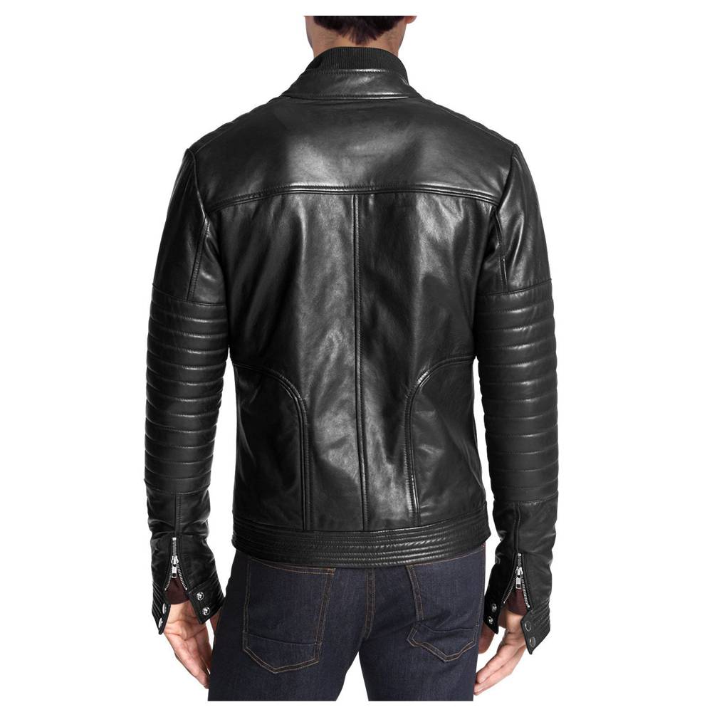 Men Zipper Black Leather Jacket
