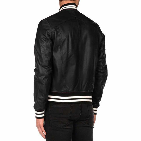Men’s Varsity Letterman Leather Bomber Jacket in Black