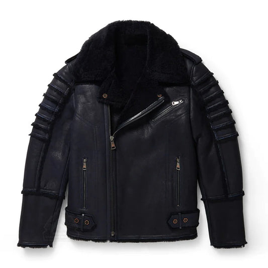 Men's Black Aviator Sheepskin Moto Shearling Leather Jacket Men's Black Aviator Sheepskin Moto Shearling Leather Jacket