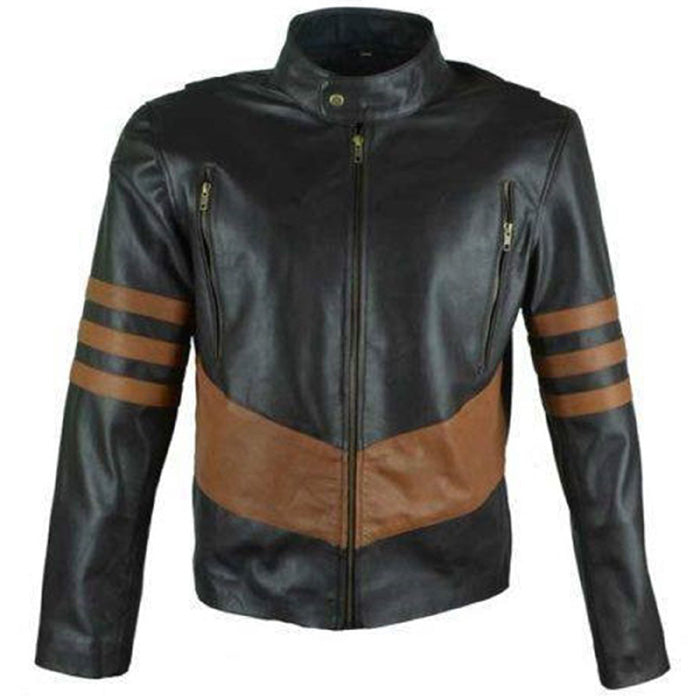 Men's Black Cafe Racer With Brown Stripes Leather Jacket