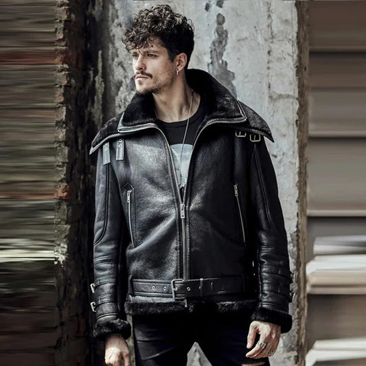 Men's Black Double Collar B3 Flight Airforce Shearling Aviator Jacket Men's Black Double Collar B3 Flight Airforce Shearling Aviator Jacket