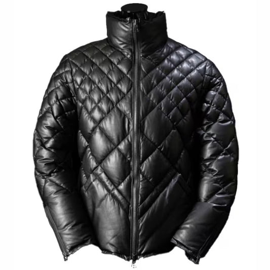 Men's Black Lambskin Leather Puffer Jacket - Leather Down Jacket Men's Black Lambskin Leather Puffer Jacket