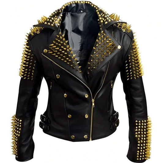 Men's Black Leather Biker Jacket with Gold Studs