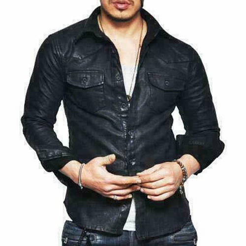 Men's Black Leather Biker Shirt