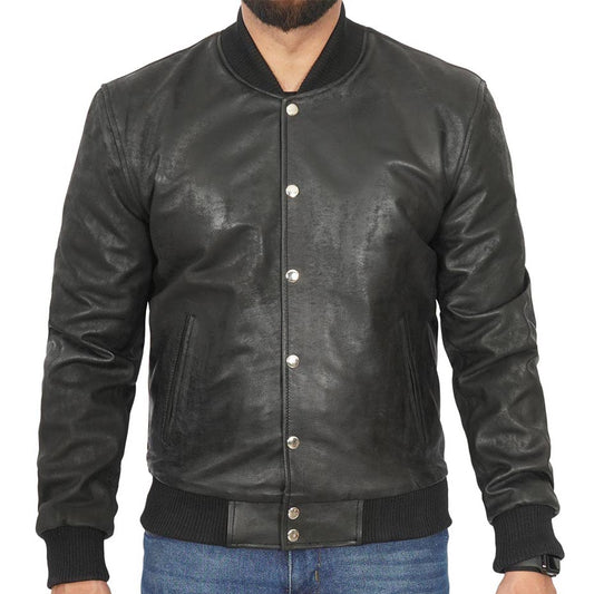 Mens Black Leather Letterman Bomber Jacket Mens Black Leather Letterman Bomber Jacket