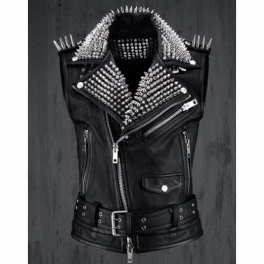 Buy Men's Black Leather Studded Biker Punk Vest Online