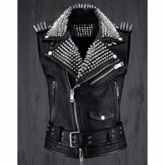 Men's Black Leather Studded Biker Punk Vest Buy Men's Black Leather Studded Biker Punk Vest Online
