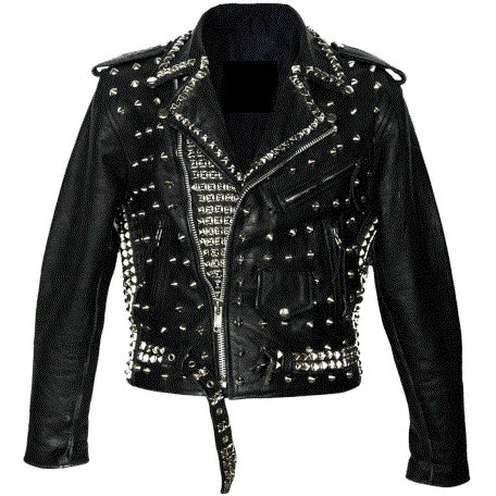 Men's Black Silver Studded Leather Biker Jacket with Belt Men's Black Silver Studded Leather Biker Jacket with Belt