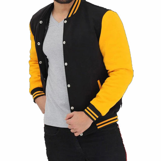 Men's Black and Yellow Varsity Jacket with Baseball Style