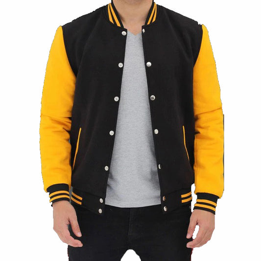 Men's Black and Yellow Varsity Jacket with Baseball Style