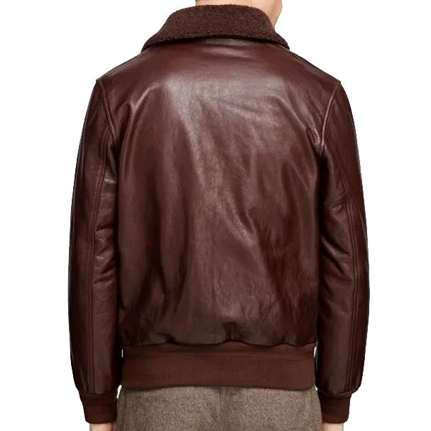 Men's Brown Leather Bomber Jacket with Detachable Fur Collar