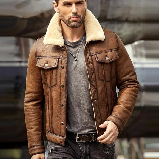 Men's Brown RAF B3 Trucker Shearling Leather Jacket Men's Brown RAF B3 Trucker Shearling Leather Jacket