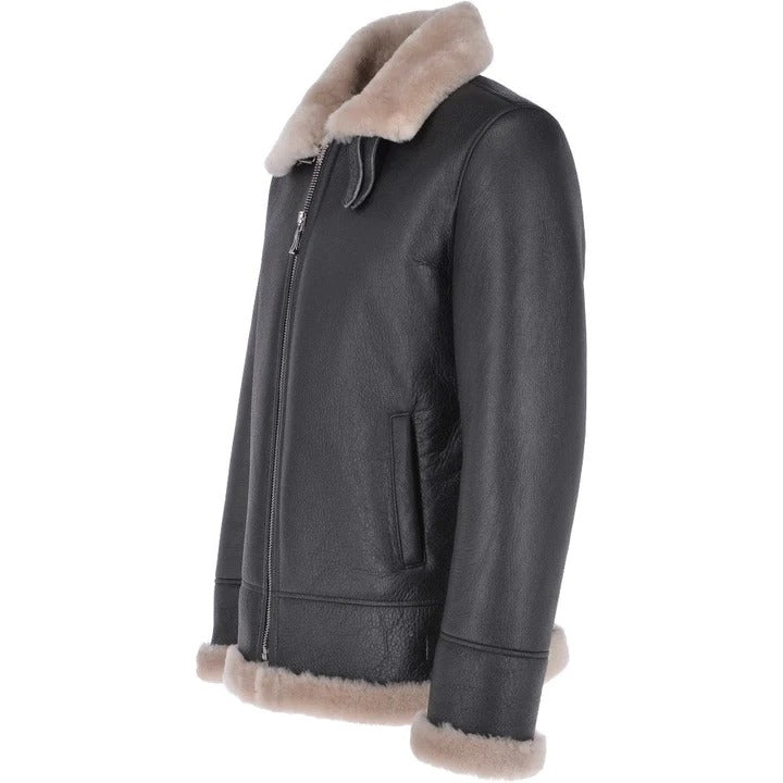 Brown Shearling Jacket Men's Black Leather Bomber Jacket