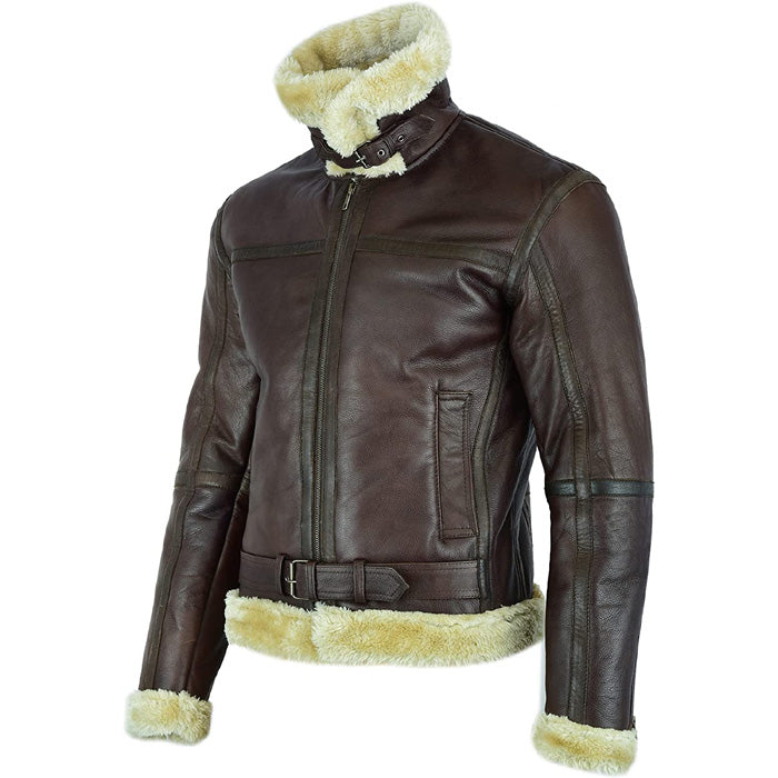 Men's Brown Shearling Leather Aviator Jacket