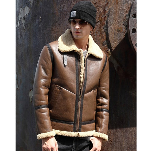 Men's Brown Sheepskin Fur Flying Coat Shearling Flight Jacket Men's Brown Sheepskin Fur Flying Coat Shearling Flight Jacket