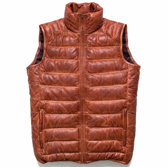 Men's Brown Sheepskin Leather Puffer Vest Men's Brown Sheepskin Leather Puffer Vest