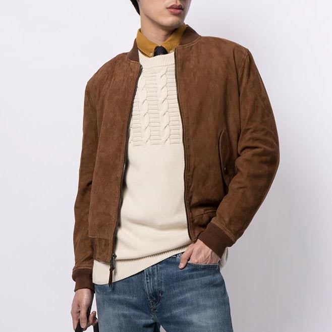 Men's Brown Suede Leather Bomber Jacket